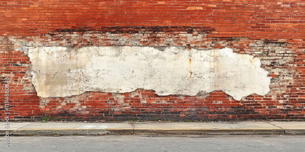 Poster weathered red-brown brick wall with cracks and half-painted white texture creating a rustic backgrou