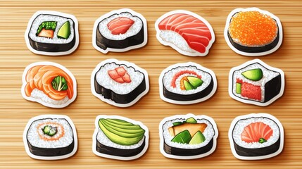 A variety of sushi rolls displayed.