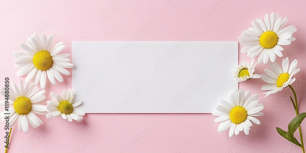 Aufkleber white rectangular frame on soft pink background surrounded by fresh white daisies with yellow center