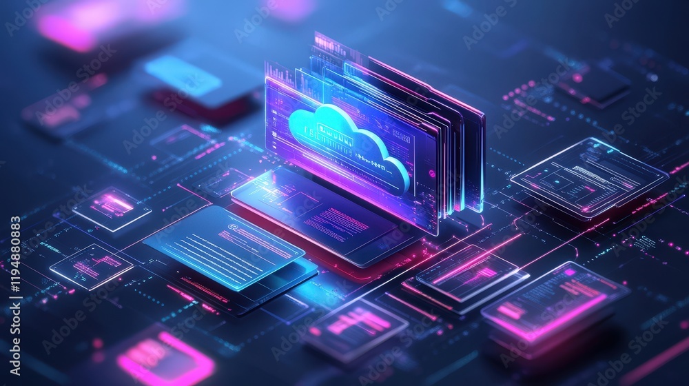 Poster online documentation database in a virtual cloud environment with colorful digital elements and futu