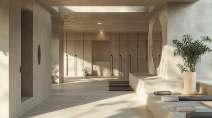 architectural design of a gym locker room, with modern interior features, minimalist style, and a clean, functional layout