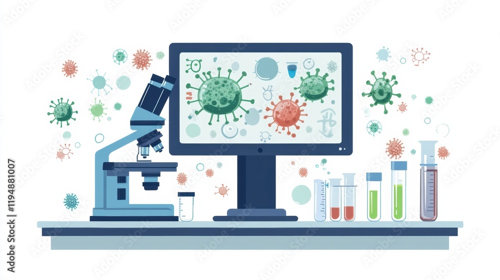 Aufkleber laboratory setting showcasing microscopes, test tubes, and bacteria visuals on a monitor for scienti