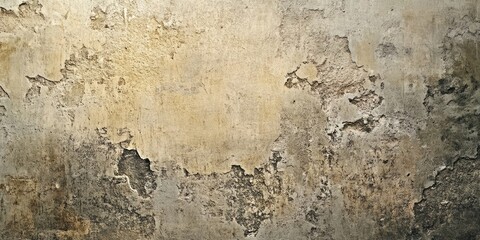 Fototapeta premium Weathered beige and gray wall texture with rough patches and peeling paint creates an artistic backdrop for photography and design projects.