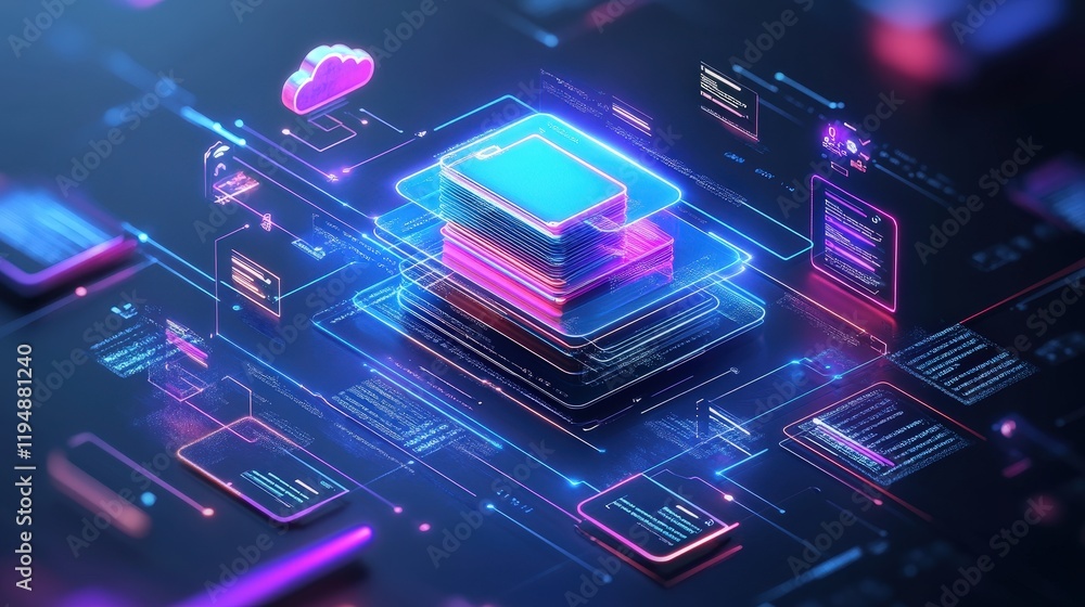 Poster online documentation database with cloud computing concept and abstract digital forms in bright neon