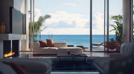 A sleek, modern living room with an expansive view of the ocean, offering a tranquil space.