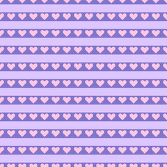 Cute seamless pattern with horizontal stripes filled with little pink hearts. Lovely vector background in pastel purple shades for wrapping, textiles, packaging, scrapbooking, etc. 