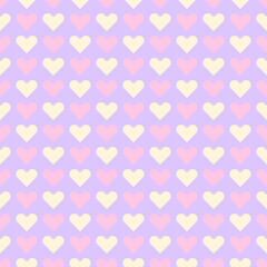 Cute seamless pattern with little hearts in purple, pink, and yellow shades. Beautiful background in pastel tones for girly designs, stationary, love-themed projects, scrapbooking, textiles, etc.