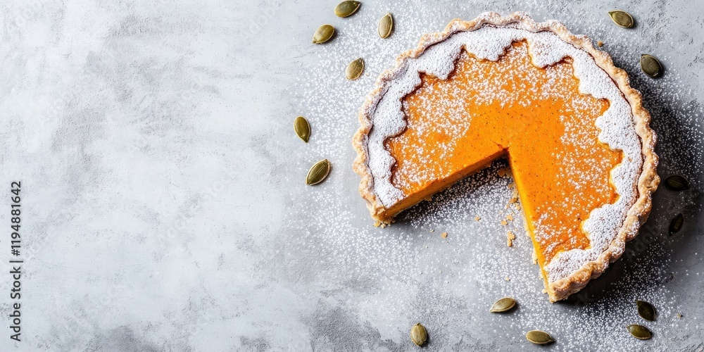 Poster pumpkin pie with a slice removed, dusted with powdered sugar, surrounded by pumpkin seeds on a gray 