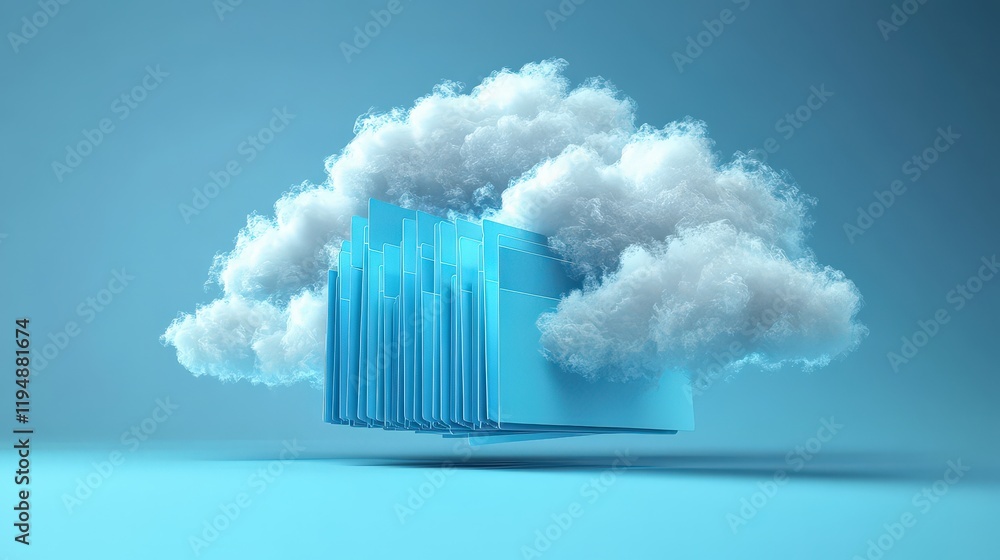 Poster digital cloud storage concept with blue folders surrounded by soft white clouds representing online 