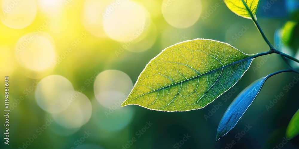 Poster close-up of a vibrant green leaf with intricate veins illuminated by soft sunlight with a blurred gr