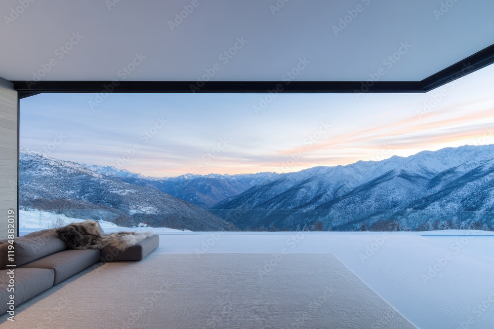 Poster a mountain view with a snowy landscape and a large open space with a couch
