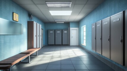 Obraz premium Contemporary locker room design in a fitness center, with AI-generated architectural visualization, showcasing modern, functional spaces
