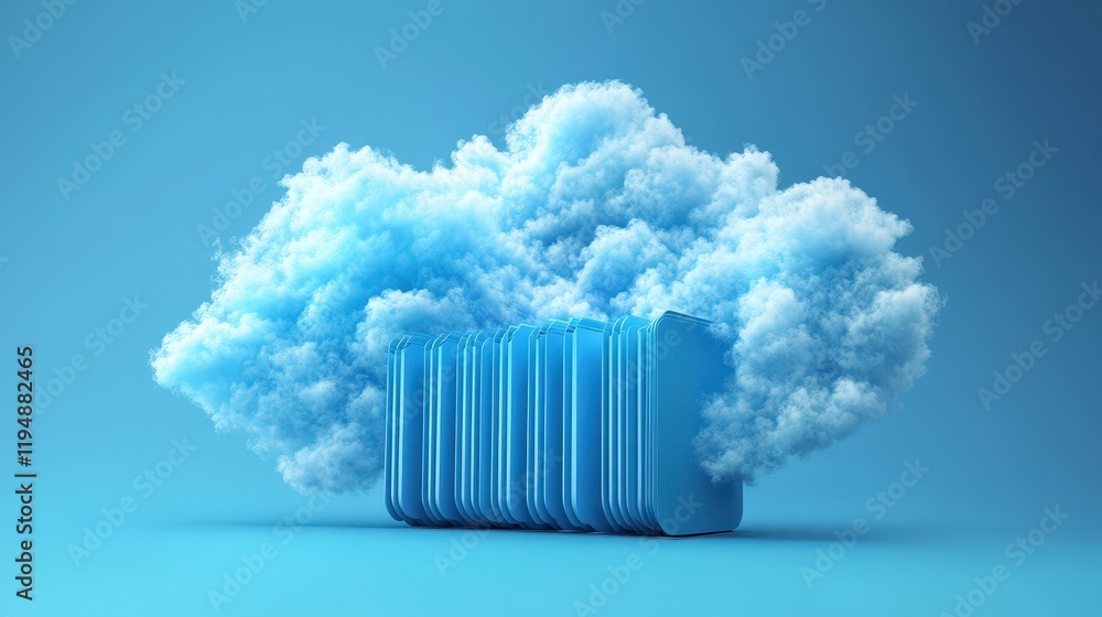 Poster online documentation database concept represented by blue cloud storage with abstract digital files 