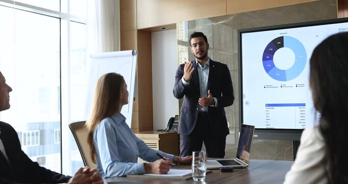 Arabian presenter standing near digital display with charts and data, addresses small group of colleagues, negotiating, discussing financial or business analytics, gathered in modern conference room