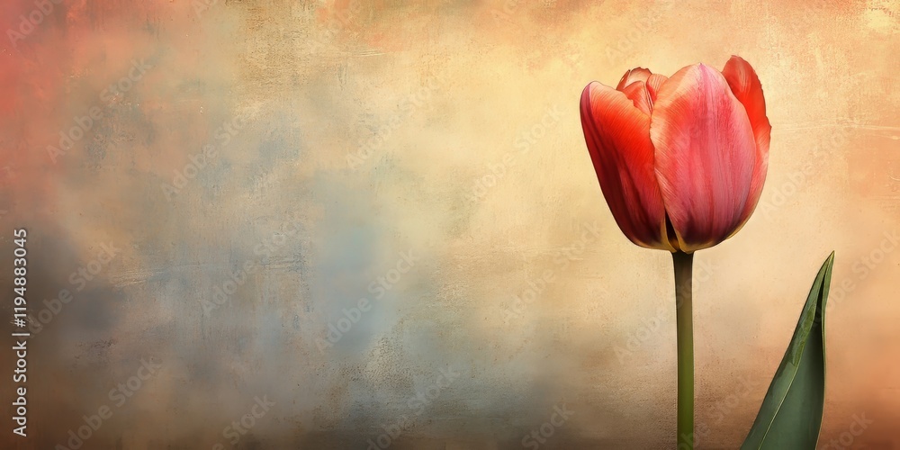 Aufkleber red tulip stands tall on a slender green stem against a soft abstract blurred background in warm ton