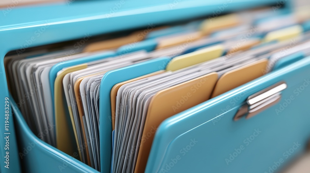 Aufkleber colorful file folders organized in a blue filing cabinet showcasing documentation and data managemen