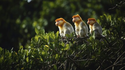 Fototapeta premium A scene of a proboscis monkey family perched on mangrove trees in Borneo