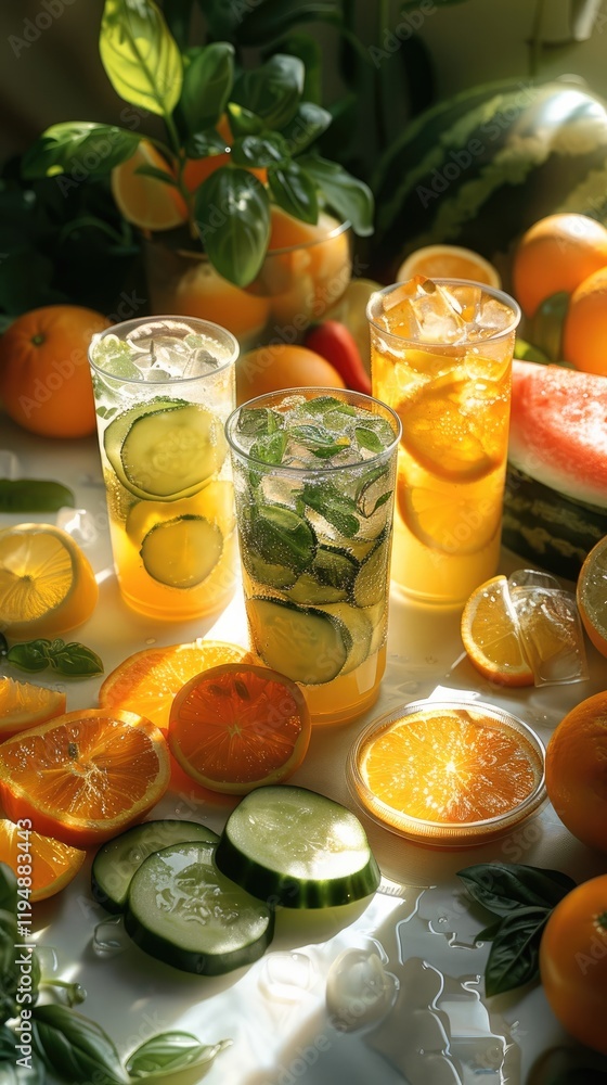 Aufkleber fruit and vegetable juice with various fruits and vegetables on the table, surrounded by plastic cup