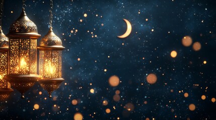 Illuminated Ramadan Lanterns Hanging Against Night Sky