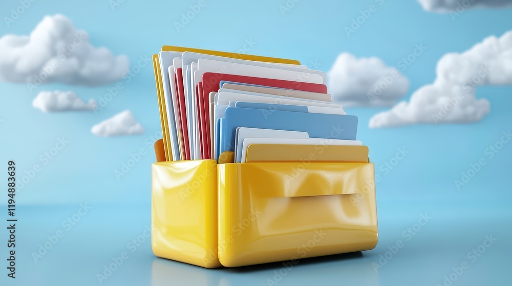 Poster vibrant yellow file organizer with colorful documents against a bright sky background featuring clou