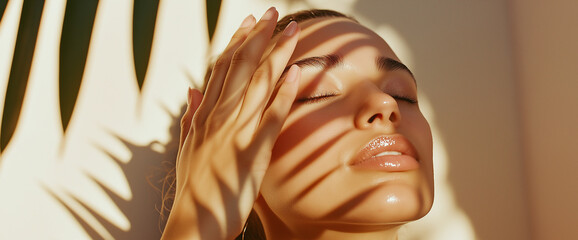 Beautiful woman with clean face and glowy skin, natural light with palm leaf shadows