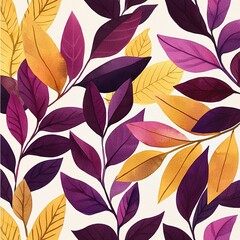 A vibrant pattern of purple, pink, and yellow leaves on a light background, showcasing a blend of nature and artistic design.