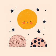 A cheerful illustration featuring a smiling sun surrounded by stars and two cute, patterned hills.
