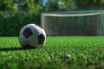 Close up of a soccer ball on a green field near the goal area, with a slightly blurred net in the background. The ball is detailed with realistic textures and the excitement of the game