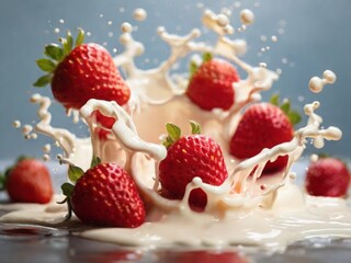 strawberries fall into milk splashing in all direction