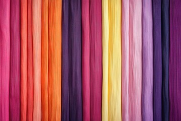 A vibrant array of colorful fabric strips arranged vertically, showcasing hues from orange to purple, ideal for textile and design inspiration.