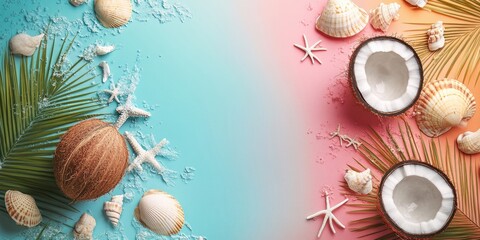 Obraz premium Vibrant summer banner with coconuts and seashells on a gradient blue to pink background featuring palm leaves and starfish for a vacation theme