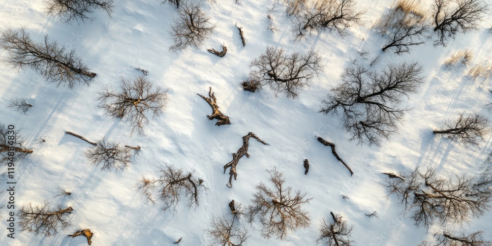 Poster aerial view of a snowy rural landscape featuring scattered dead trees on a white snow background wit
