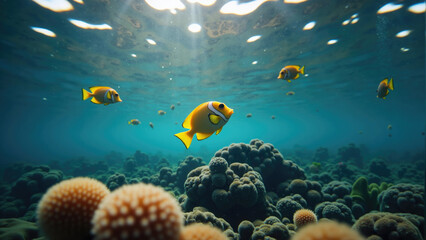 Fototapeta premium Colorful yellow fish swimming above coral reef in clear ocean water during bright sunlight