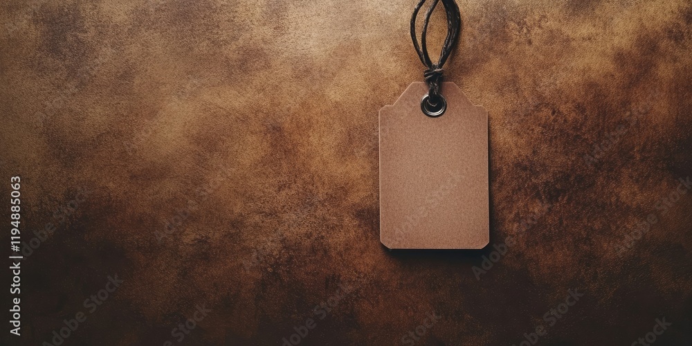 Poster empty brown security tag hanging against a textured brown backdrop with ample space on the right for