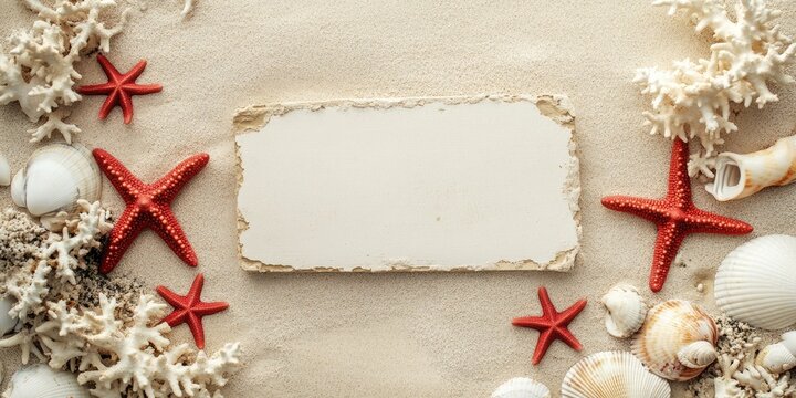 Blank placard framed by seashells and vibrant red starfish on a sandy beach with white coral accents creating a coastal summer vibe - Powered by Adobe