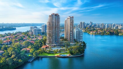 Obraz premium Luxury waterfront apartments, city skyline
