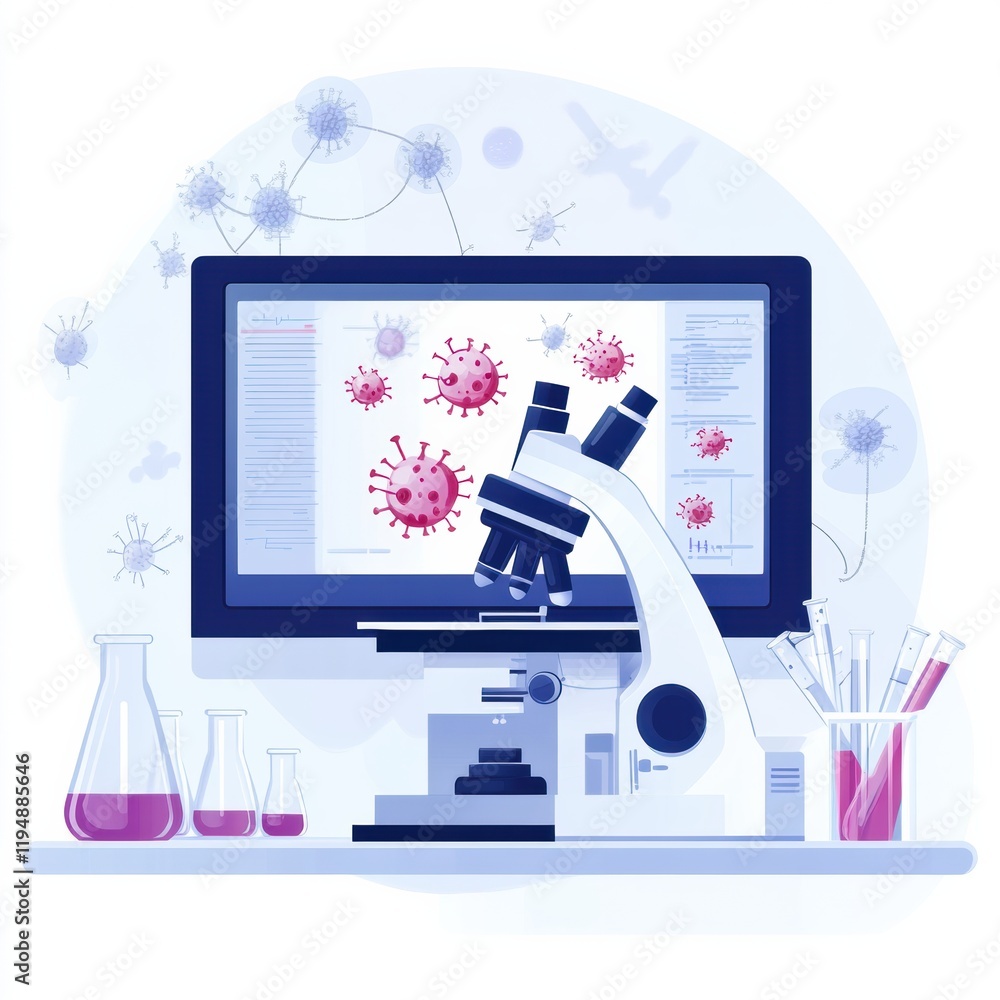 Poster laboratory focused on bacteria research with microscopes, test tubes, and digital monitoring. genera