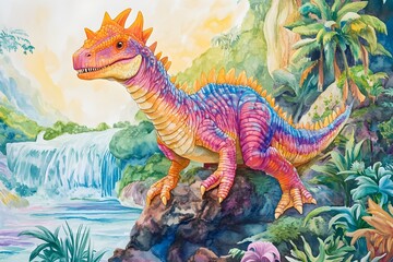 Great illustration of colorful dinosaurs in amazing natural environment, designed with detail for amazing and fun education for kids knowledge