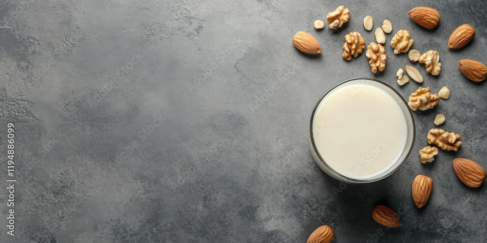 Poster almond milk in a glass beside assorted nuts on a dark grey textured background with ample copy space
