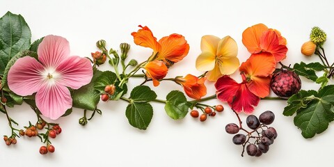 Vibrant arrangement of pink, orange, yellow and red flowers with leafy greens and dark fruit on a bright white background, illuminated by natural light