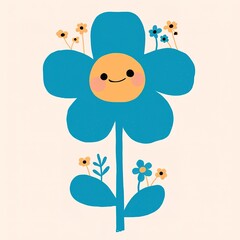 A cute, cartoon-style flower with a smiling face and colorful petals, surrounded by smaller flowers on a light background.