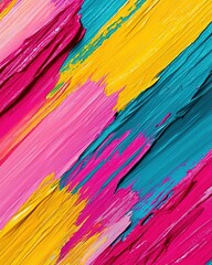 A vibrant abstract artwork featuring bold strokes of pink, yellow, and teal, creating a dynamic and colorful visual texture.