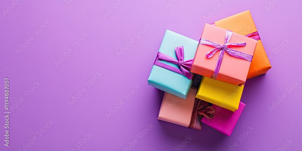 Poster colorful stack of small gift boxes with ribbons on a violet background arranged asymmetrically in a 