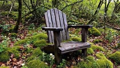 Serene Solitude: Wooden Chair in Mossy Forest