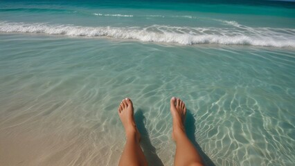 female legs on the beach turquoise sea water
