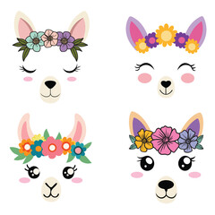 Set of Cute Llama Face vector illustration, Llama Face Floral Crown Clipart Design