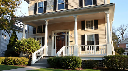 Classic American House Exterior with Porch and Columns. Beautiful Home, Real Estate, Residential Architecture, Property, Facade, Exterior Design, Home Exterior