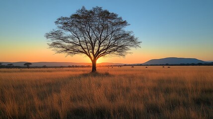 Fototapeta premium Solitary tree silhouetted against vibrant sunset over savanna.