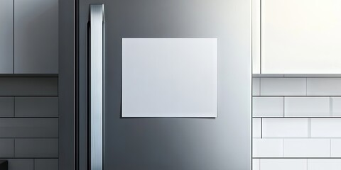 Blank white sheet of paper attached to a silver refrigerator door in a modern kitchen with a minimalistic background and copy space for text.