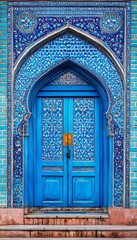 Intricately Carved, Antique Blue Door, Traditional Islamic Architecture Detail, Uzbek Style.